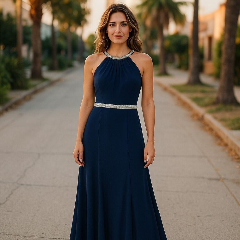 Navy Halter rhinestone Dress Women's Formal Blue and Silver Size S